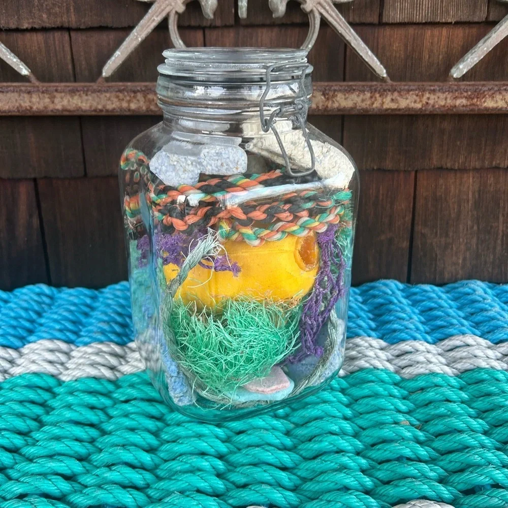 Vintage Glass Jar with Montauk Beach Finds. Sun bleached Buoys, Sea Rope etc